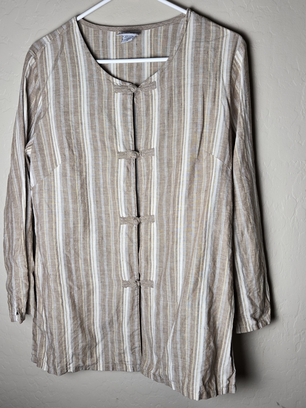 Two Star Dogs Striped Button-Front Tunic Shirt in Beige and Cream